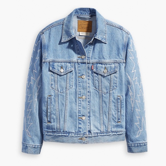 🔥🔥🔥NEW Levi’s Ex-Boyfriend Embroidered Sleeves Trucker Denim Jacket - Picture 2 of 6